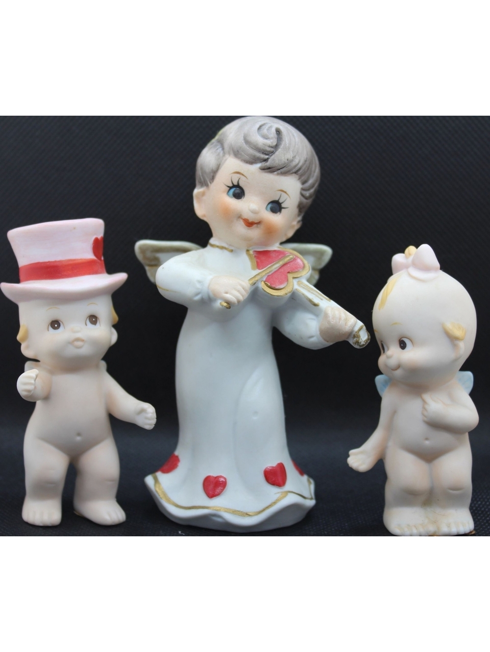 Vintage Lefton Valentine Day Angel Playing Violin Bisque KEWPIE Figurine Lot 3